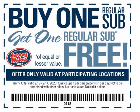 Jersey mike's coupons buy one get one free - Jersey Mike's Buy One Get One Free Coupon February 2024. All 50. Codes 30. Deals 20. Sitewide 1. Free Shipping 1. Verified. Try all Jersey Mike's codes at checkout in one …